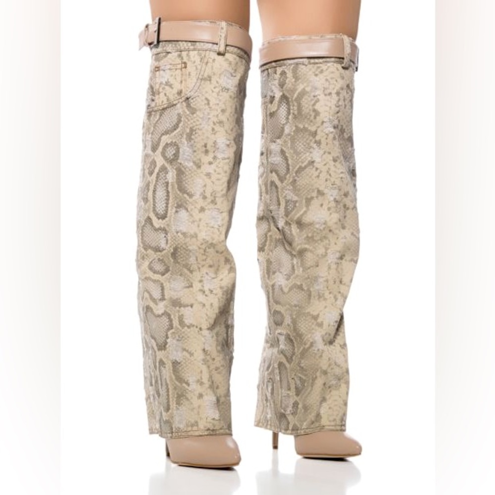 AZALEA WANG Tan Snakeskin Print Over The Knee Boots